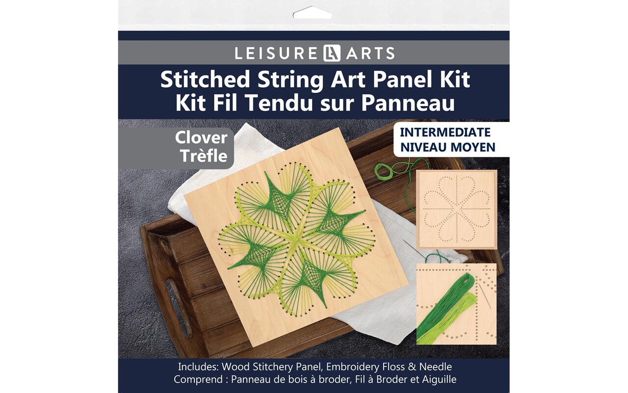 Wood Stitched String Art Kit with Clover, wooden stitchery kits for craft embroidery, perfect for intermediate skill level, completed size is 9.75" x 9.75"